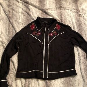 Zara button front embroidered floral western blouse black